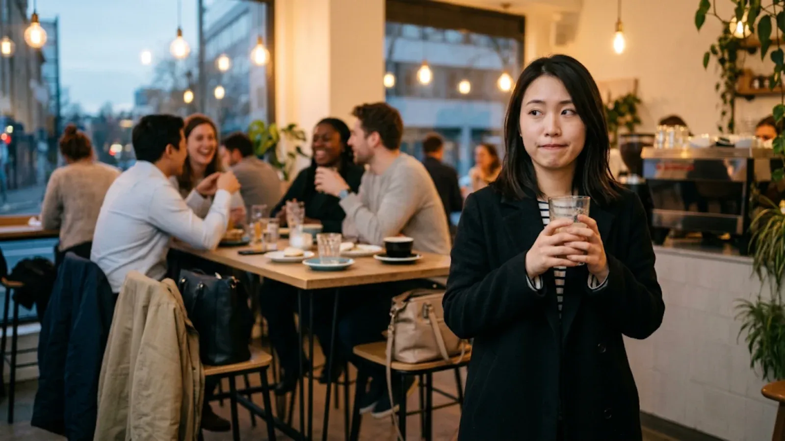 Young woman holding a drink at a cafe gathering, glancing hesitantly at a group talking nearby, feeling socially anxious
