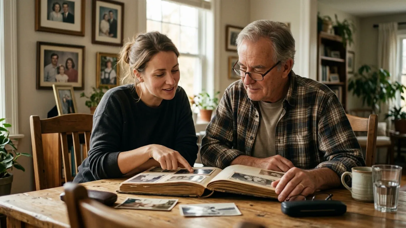 Adult daughter and her father looking through an old family photo album together at a dining table
