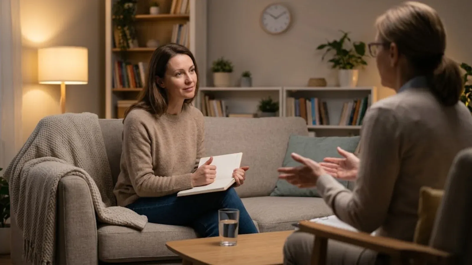 Woman holding a sleep diary on a sofa in a calm therapy office as the therapist explains a routine