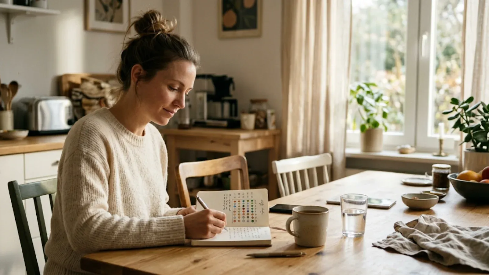 Woman at a sunny breakfast table writing in a mood journal with a simple weekly dot chart