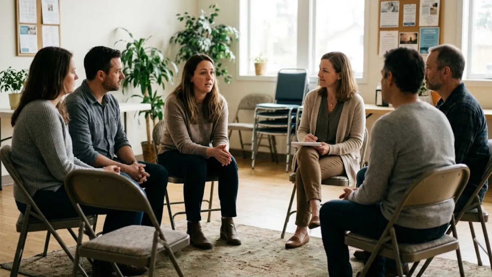 Woman speaking openly in a small, supportive therapy group circle as others listen in a bright room