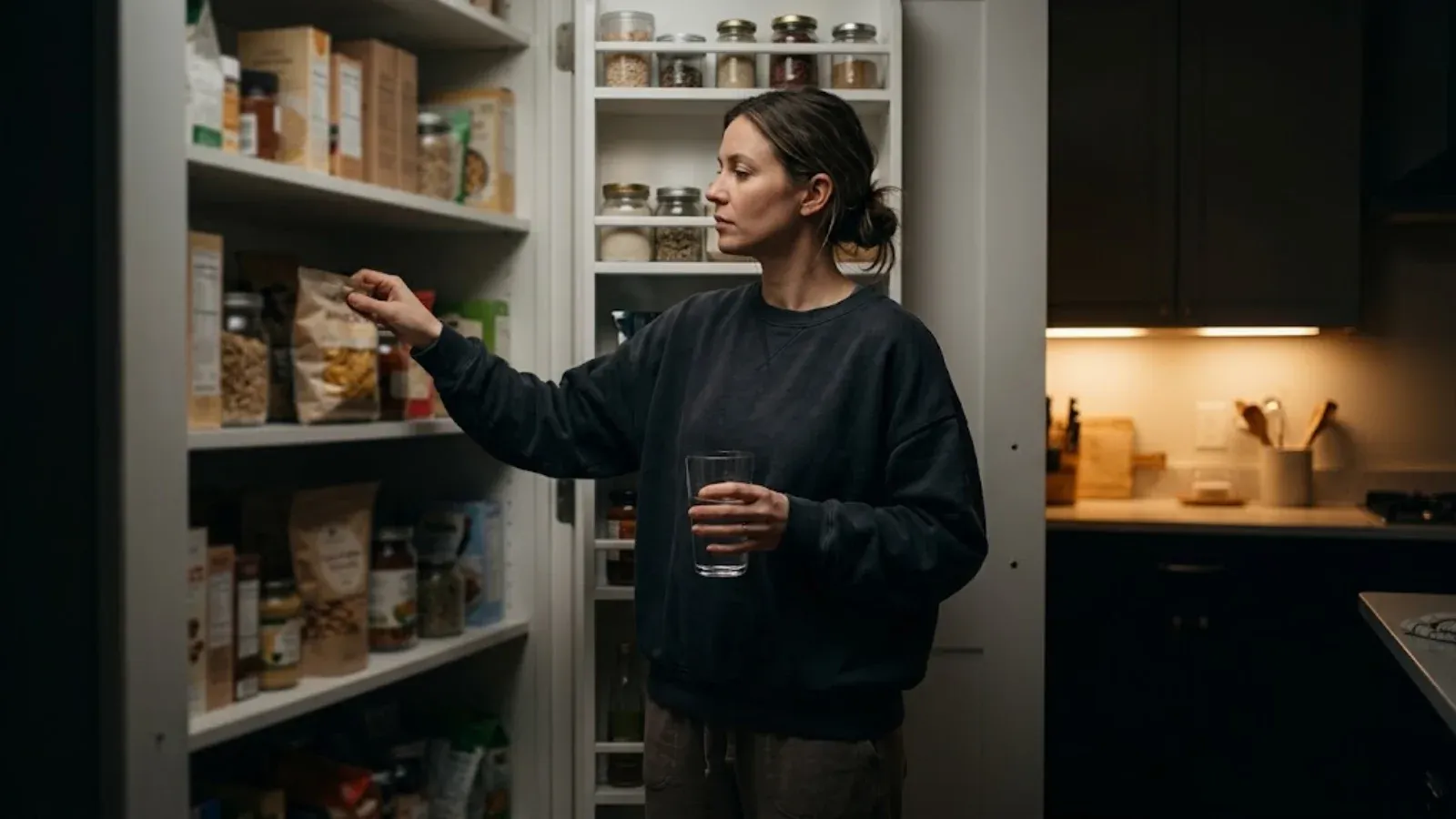 Woman at an open pantry late at night pausing before reaching for snacks, a glass of water in her other hand