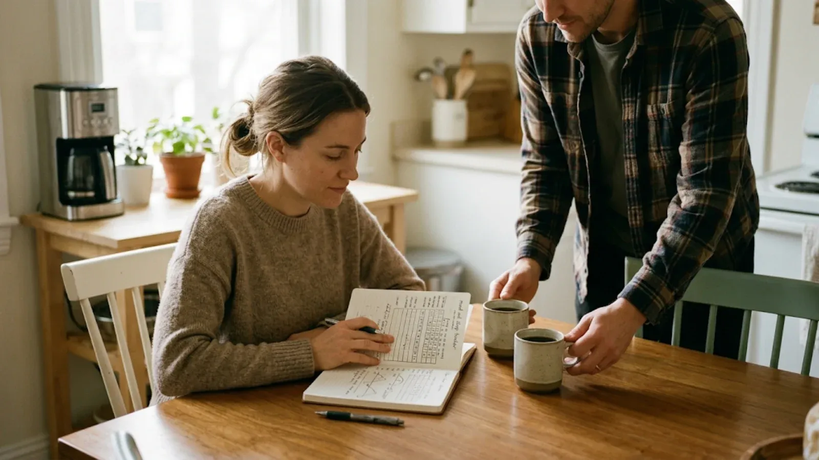Woman reviewing a mood and sleep tracker notebook at a sunny kitchen table as her partner sets down coffee