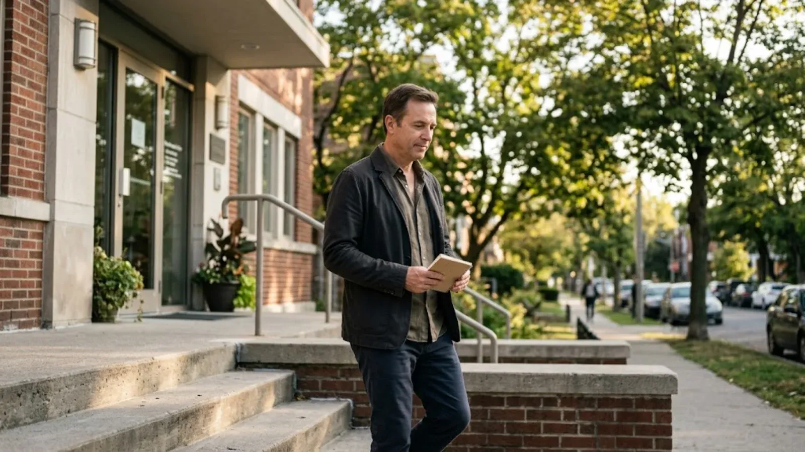 Man pausing on the steps outside an office building on a sunny afternoon, holding a notebook, calm and reflective