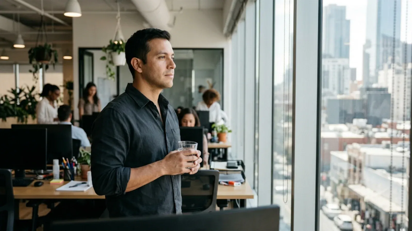 Office worker standing by a large window with a glass of water, taking a short calming break from his desk