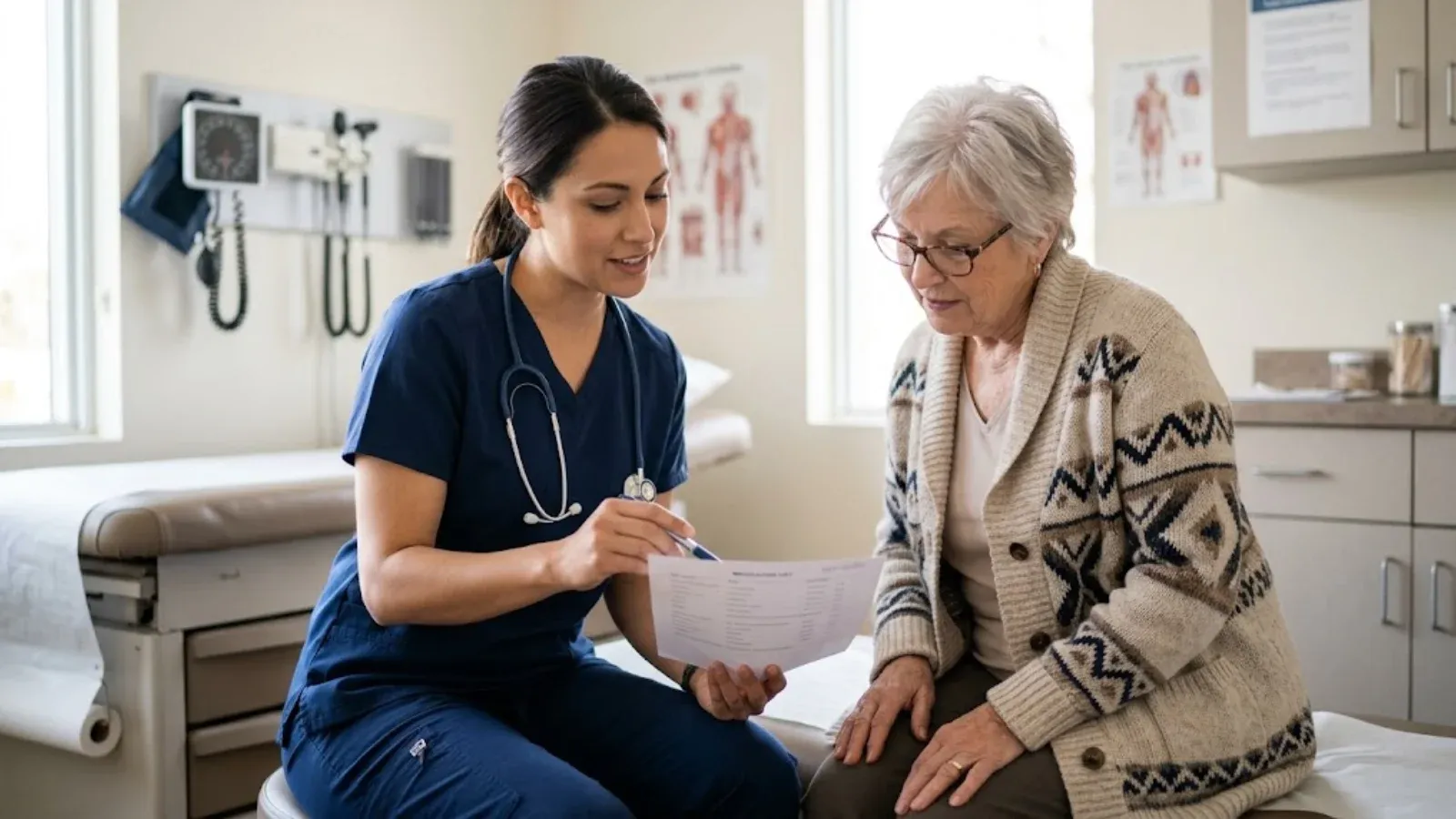 Nurse practitioner reviewing a printed medication list with an older woman in a bright clinic room