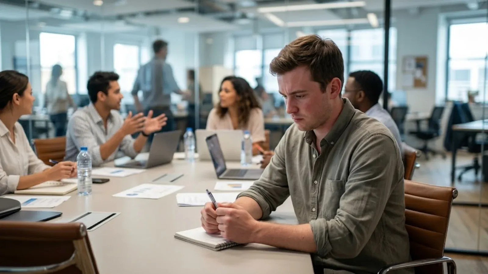 Young man in an office meeting gripping a pen and avoiding eye contact as colleagues talk, tense with social anxiety