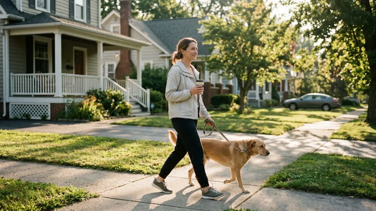 Woman walking her dog on a sunny neighborhood sidewalk with a coffee, smiling softly