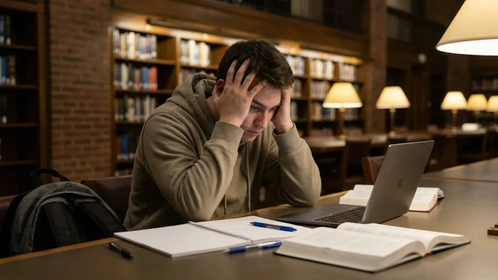 College student alone in a library late at night with open textbooks and a laptop, head resting in his hands