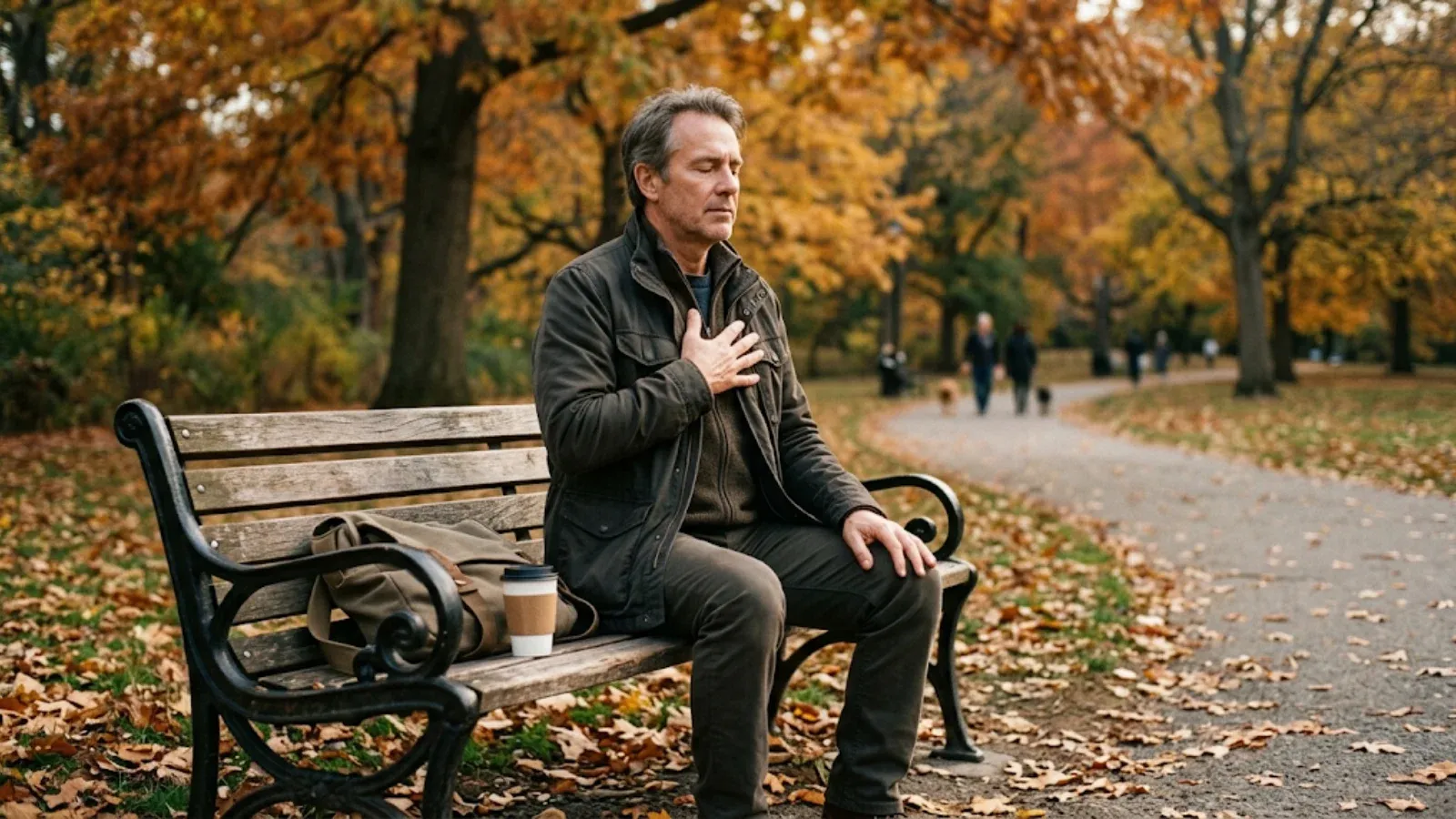 Man on a park bench in autumn with feet on the ground and a hand on his chest, eyes closed, taking a slow grounding breath