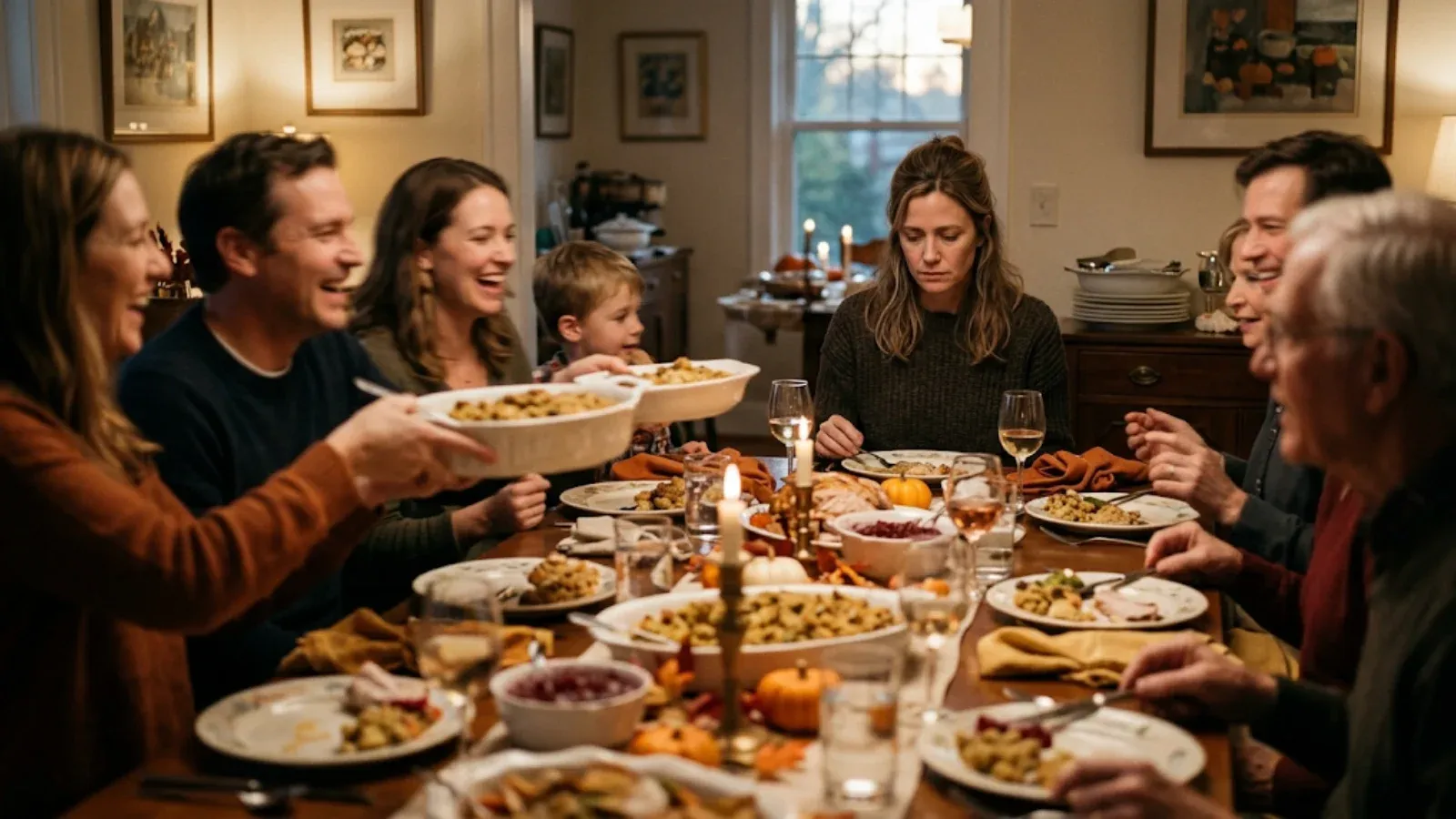 Woman sitting quietly at a busy Thanksgiving table, looking down at her plate while family laughs around her