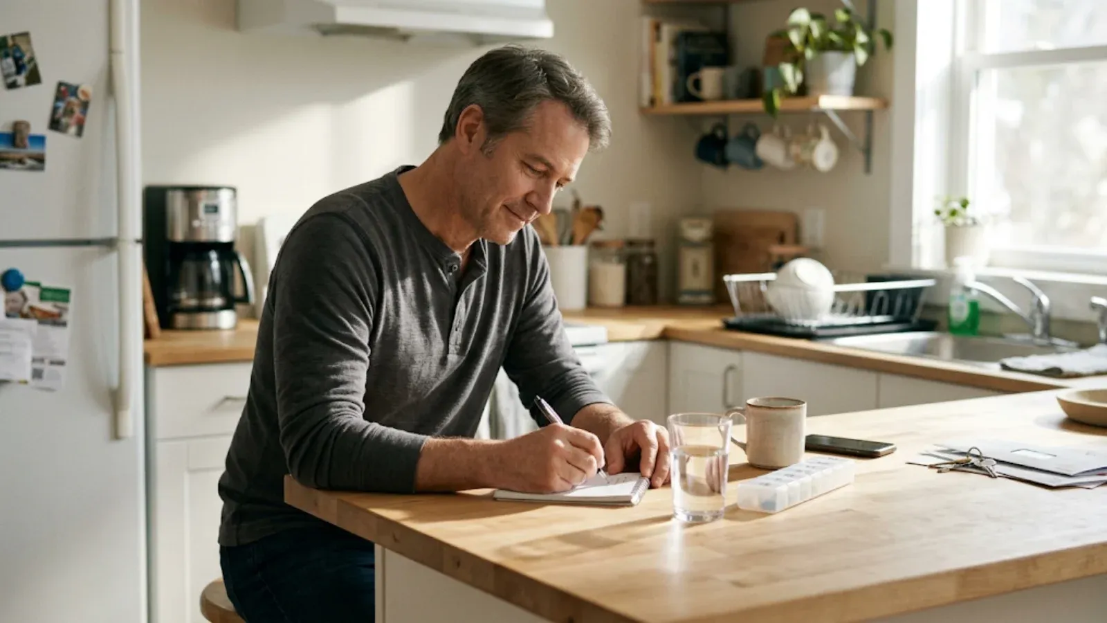 Man at a kitchen counter writing notes about how he feels, beside a glass of water and a weekly pill organizer