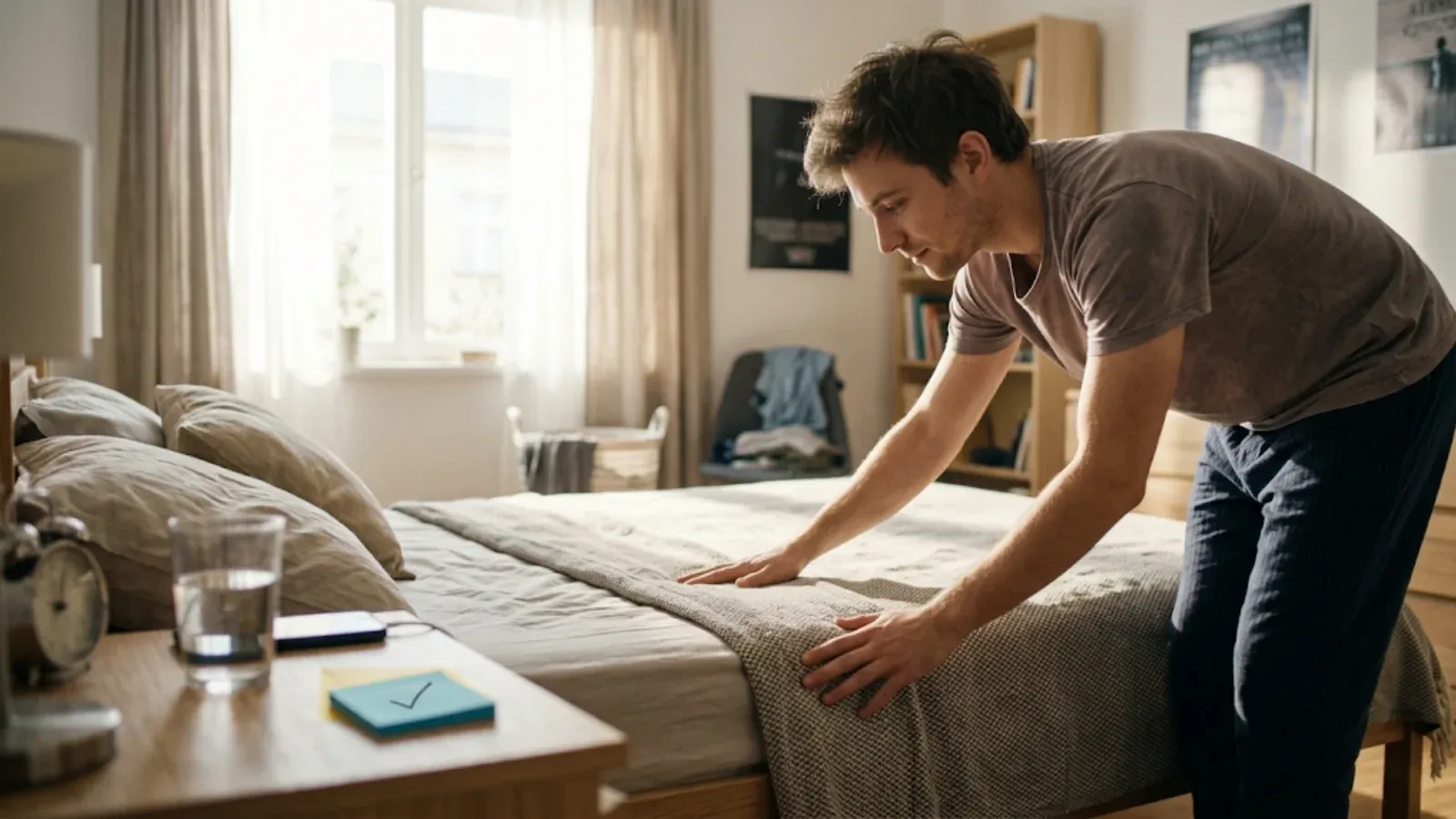 Young man making his bed in a sunny bedroom, a sticky note with a check mark on the nightstand