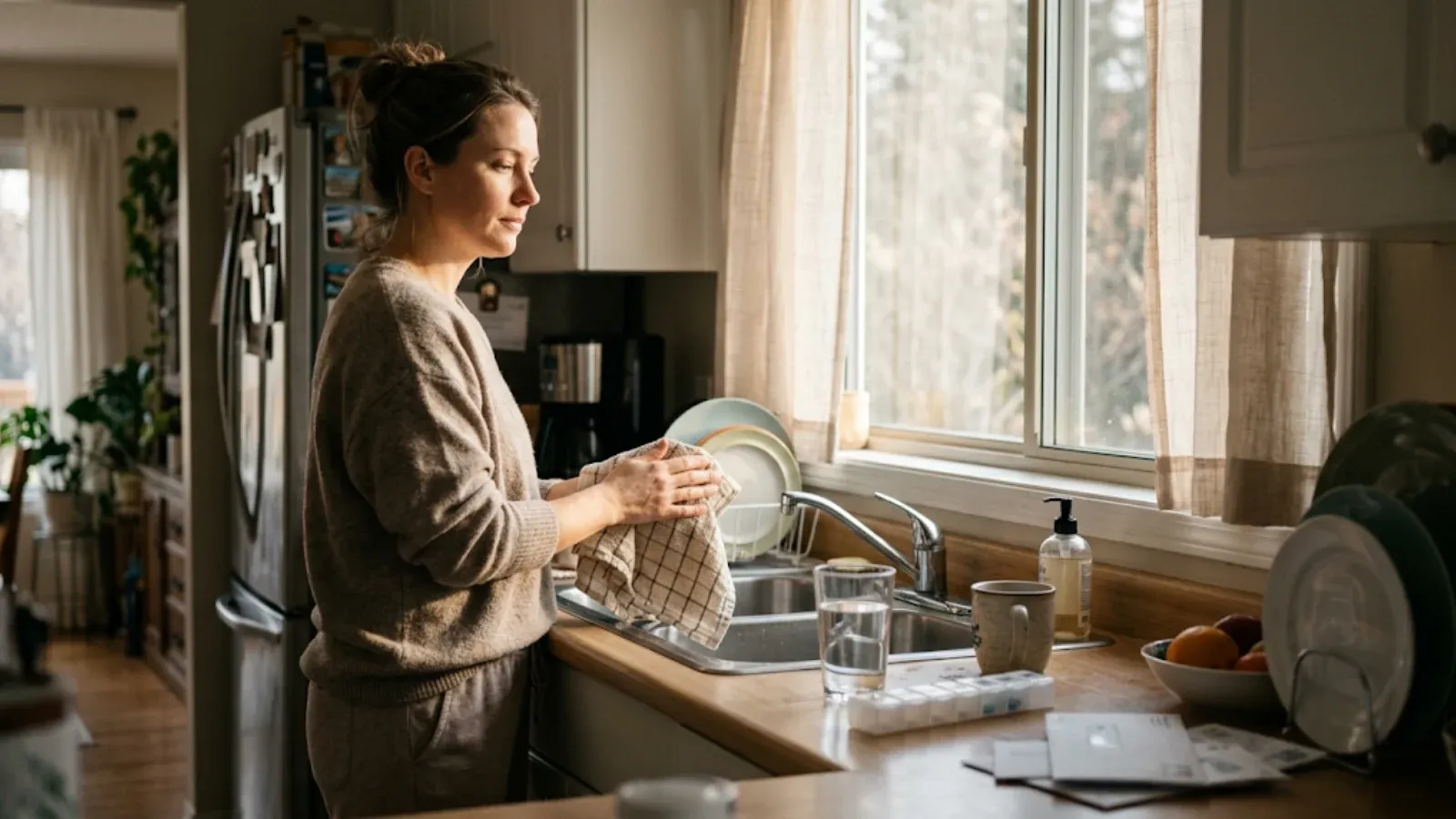 Woman at a kitchen sink calmly drying a dish in soft morning light