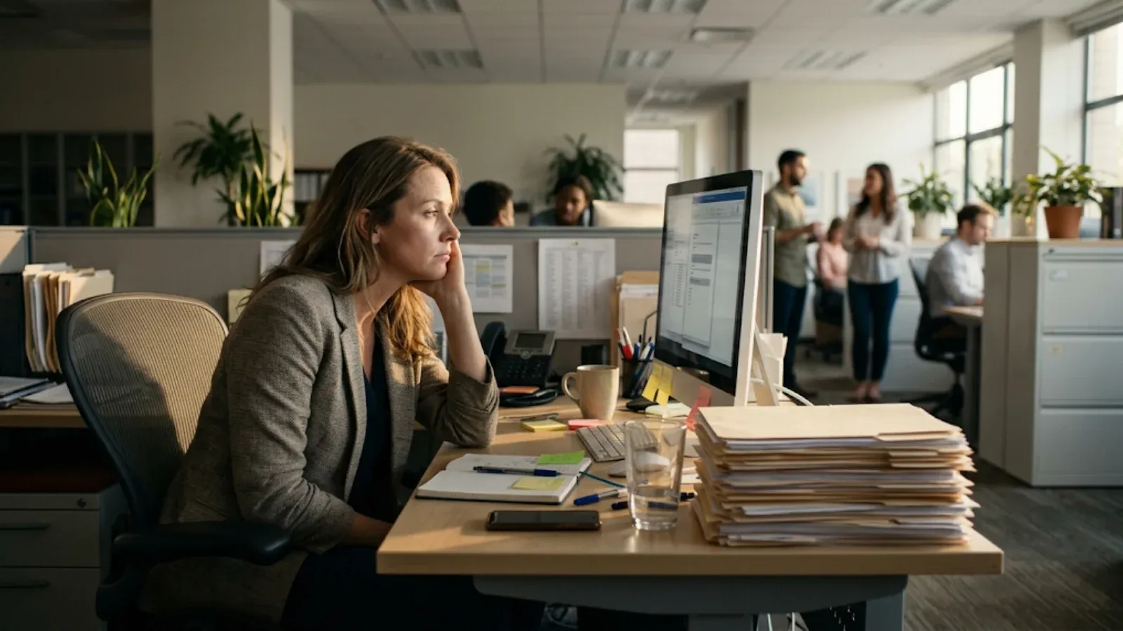 Woman at her office desk staring blankly at her screen with her chin in her hand, struggling to concentrate