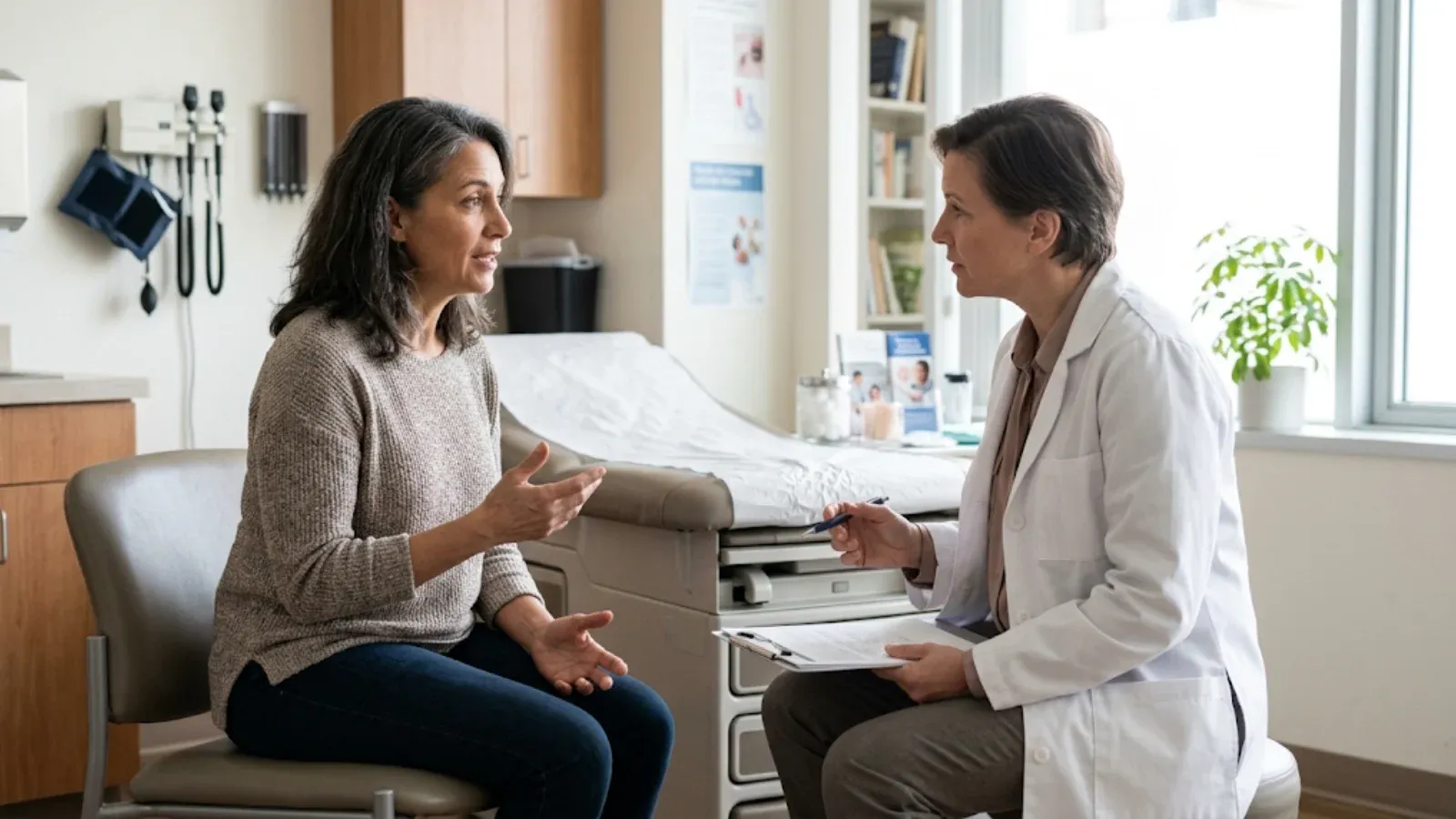 Woman talking with a doctor who reviews results on a clipboard in a bright primary-care exam room