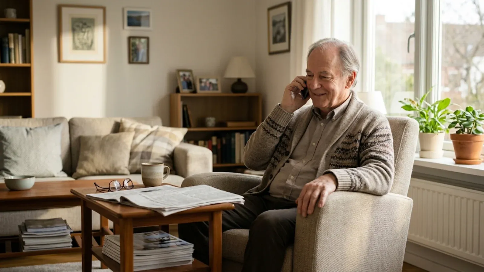 Older man smiling as he talks on the phone by a sunny living-room window, coffee and a newspaper beside him