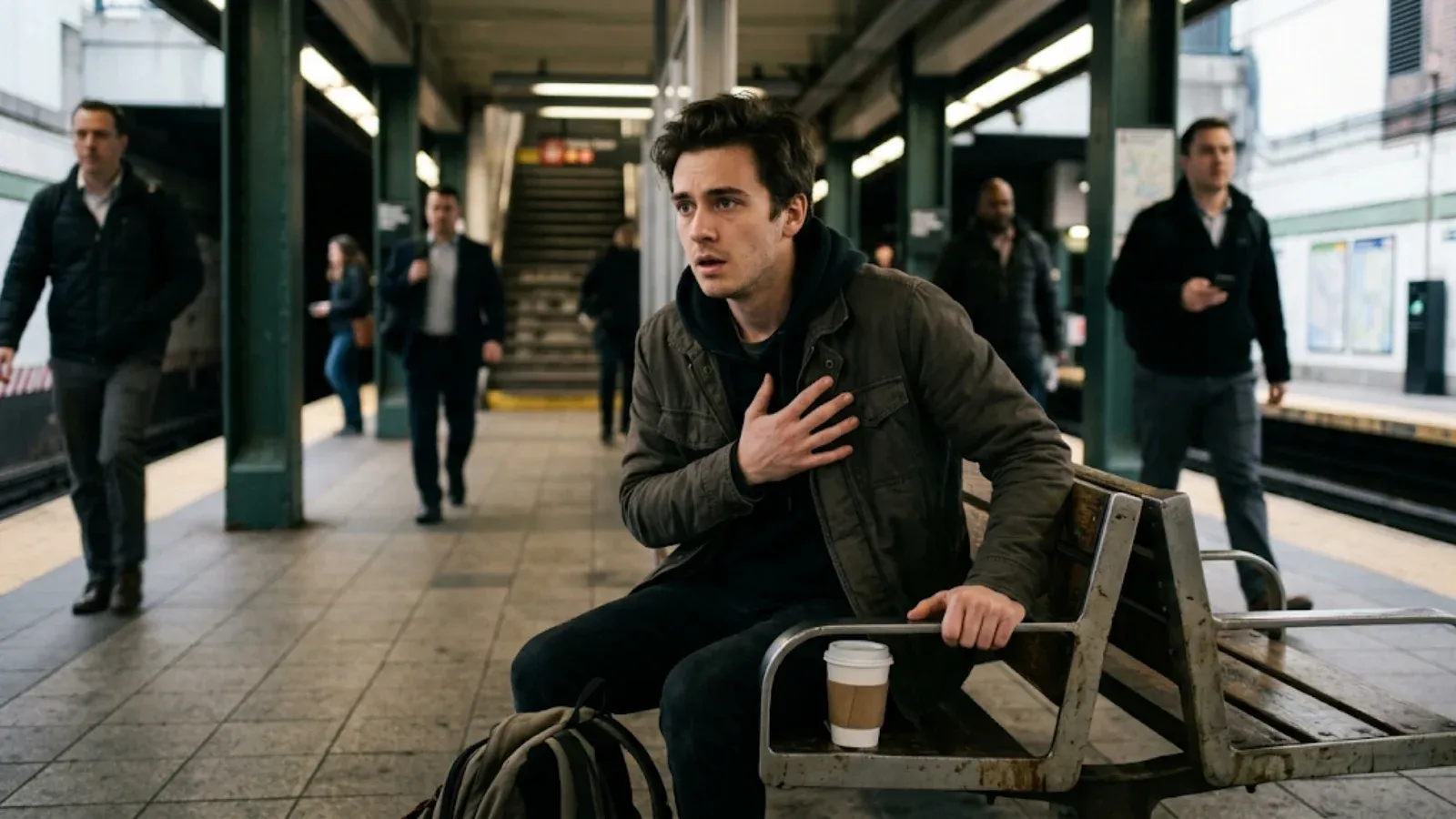 Young man on a train platform bench with a hand pressed to his chest, breathing hard during a panic attack
