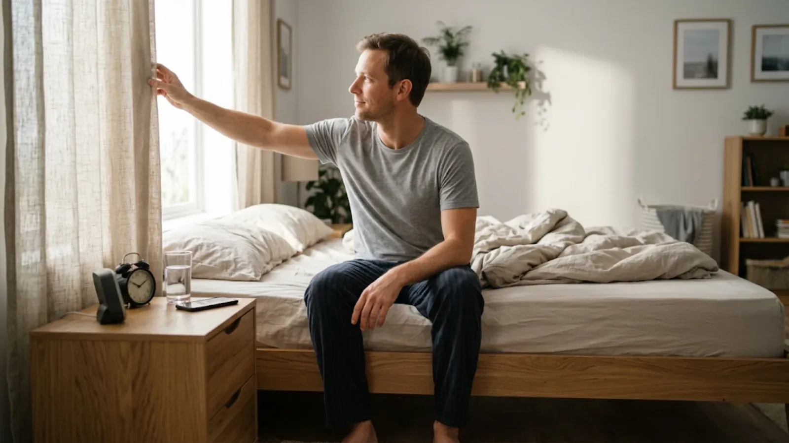 Man sitting on the edge of his bed opening the curtains to morning sunlight with a hopeful expression