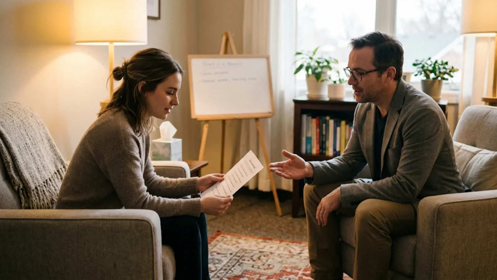 Young woman holding a skills worksheet in a cozy therapy office while her therapist gestures encouragingly