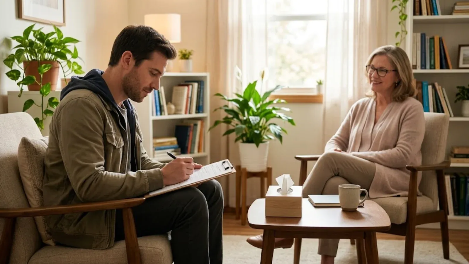 Man filling in an intake form on a clipboard during a first appointment with a friendly psychiatrist