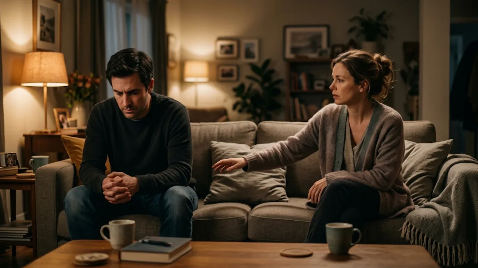 Couple sitting apart on a sofa in lamplight, one looking down while the other reaches toward him with concern
