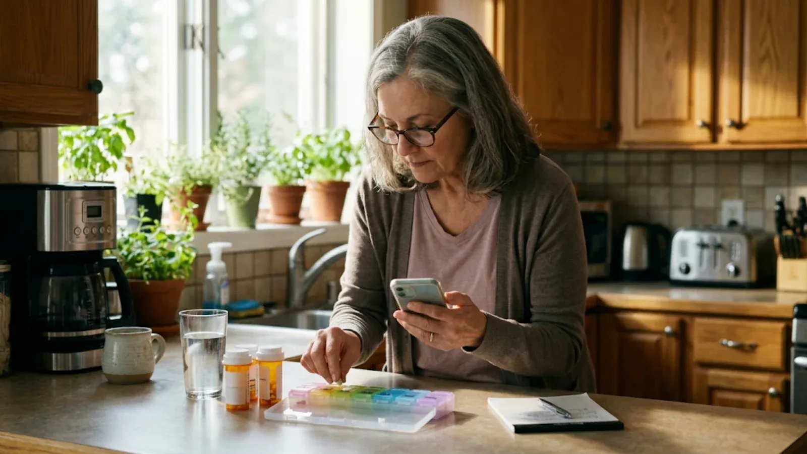 Older woman filling a weekly pill organizer at her kitchen counter while checking a reminder on her phone