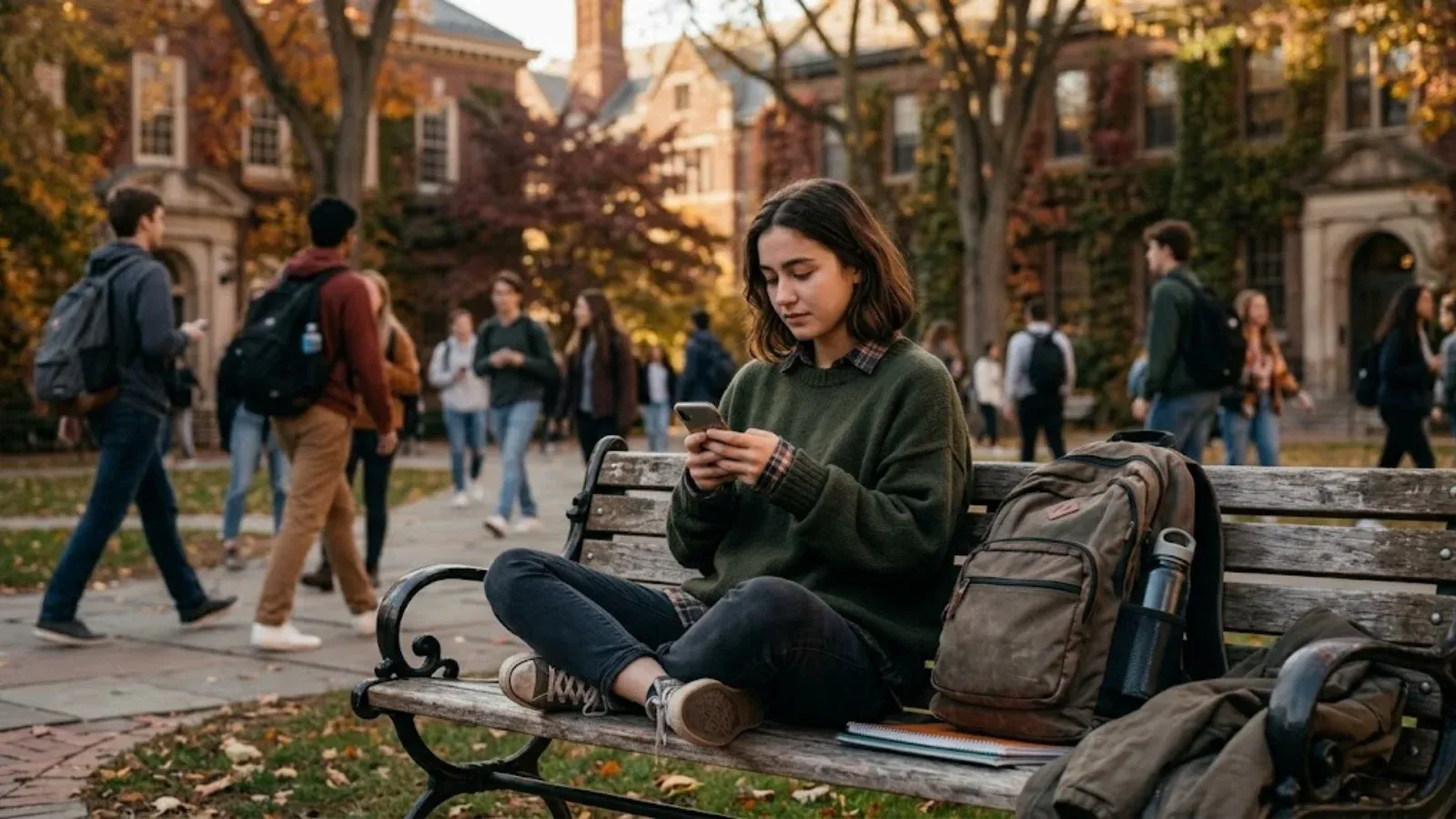 International student alone on a campus bench holding her phone, looking homesick as students walk past