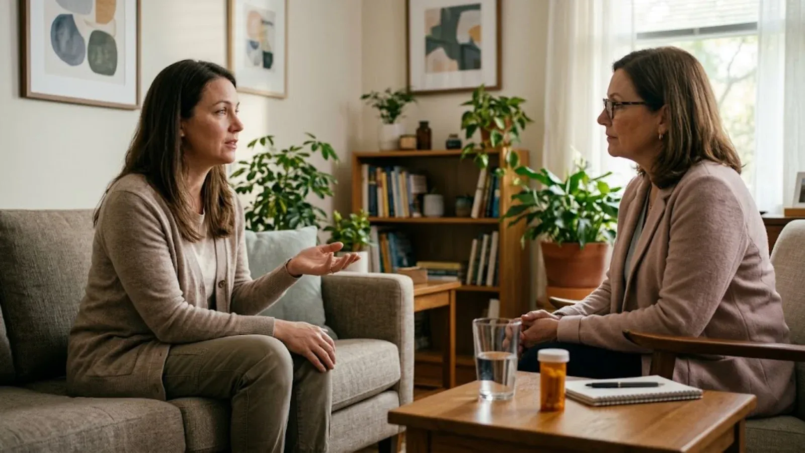 Woman talking with her therapist in a warm office with plants, a glass of water and a notebook on the table between them