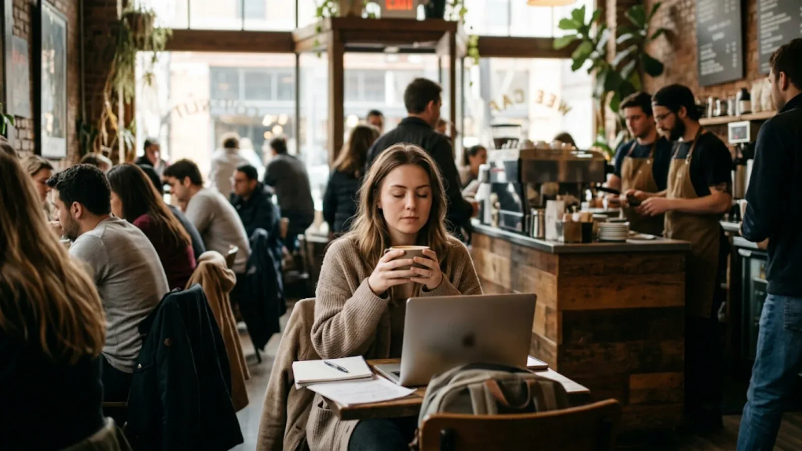 Young woman in a busy coffee shop holding her cup with both hands, pausing to steady herself