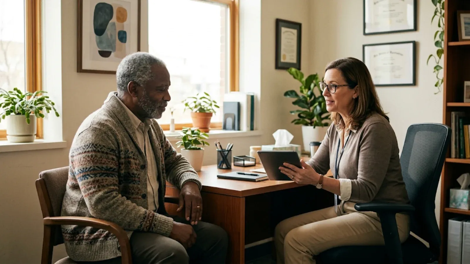 Older man talking with his psychiatrist across a clinic desk during a follow-up visit