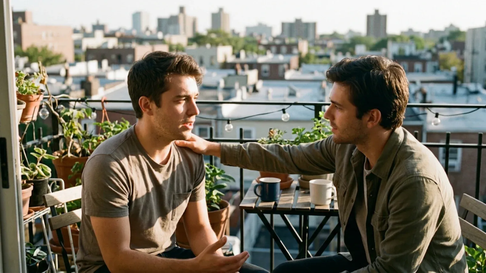 Two young friends talking on a sunny balcony, one resting a supportive hand on the other’s shoulder