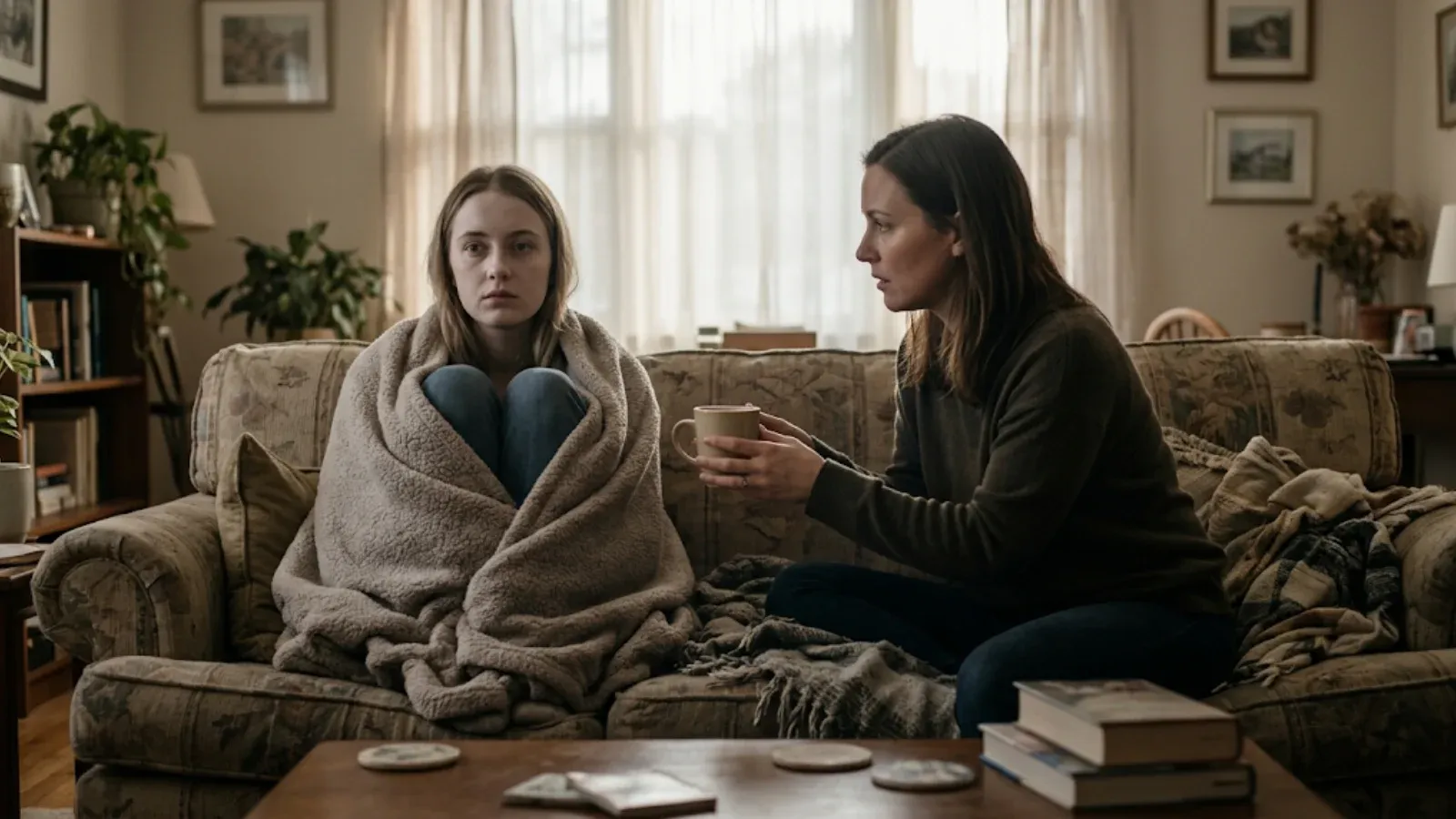 Young woman wrapped in a blanket on a sofa looking shaken while a friend offers her a warm mug of tea