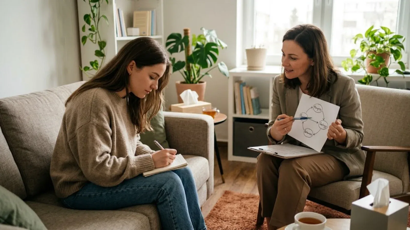 Young woman writing in a notebook on a therapy couch as her therapist points to a diagram on a clipboard