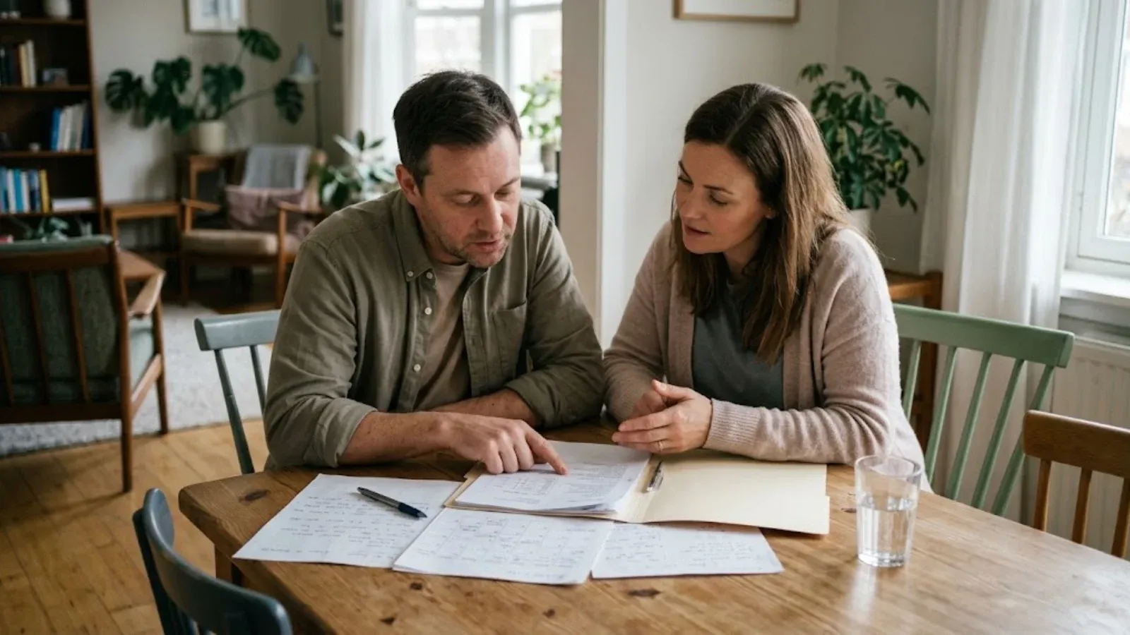 Man and his sister at a dining table going through a folder of care-plan papers together at home
