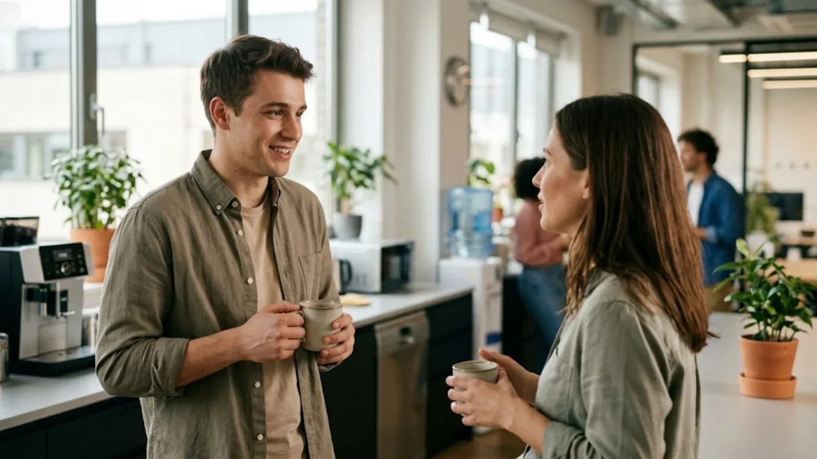 Young man holding a coffee mug making polite but tense small talk with a coworker in an office kitchen