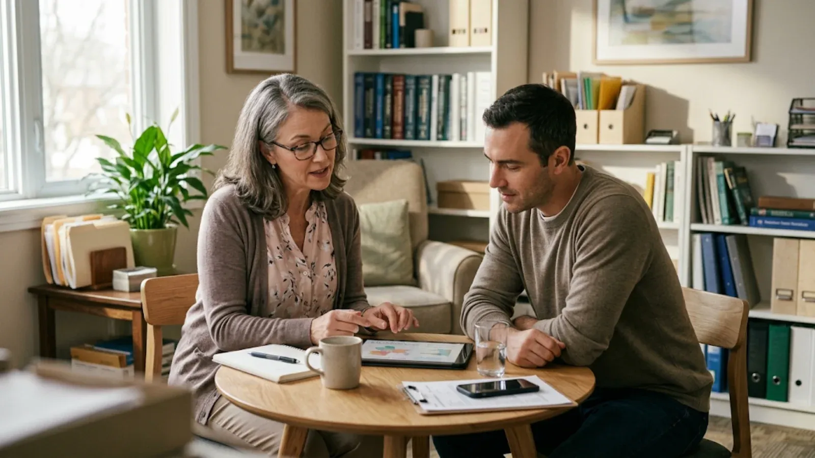 Psychiatrist and patient sitting side by side at a clinic table reviewing a care plan on a tablet
