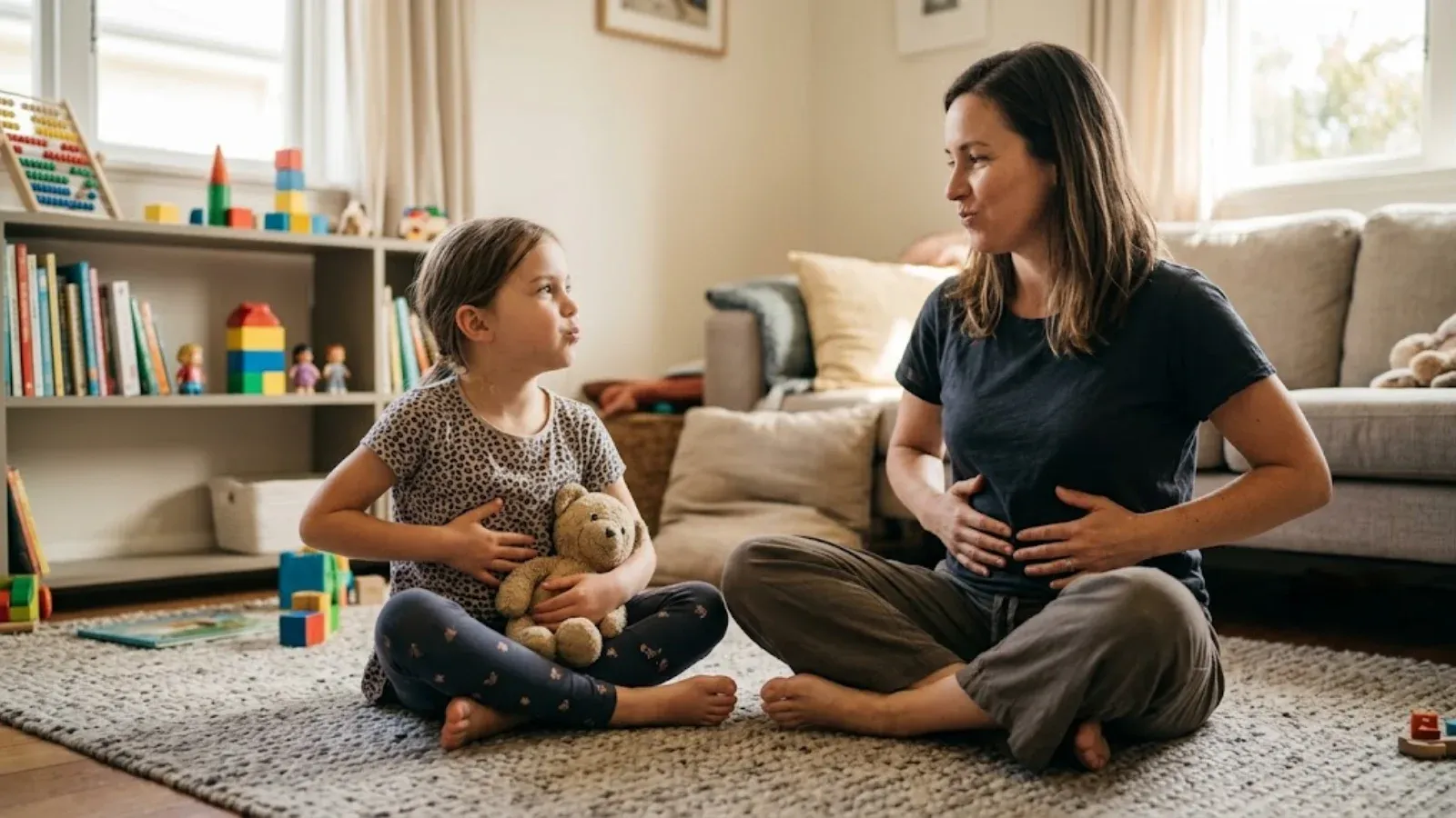 Mother sitting on a living-room rug with her young daughter, showing her slow belly breathing with hands on her stomach