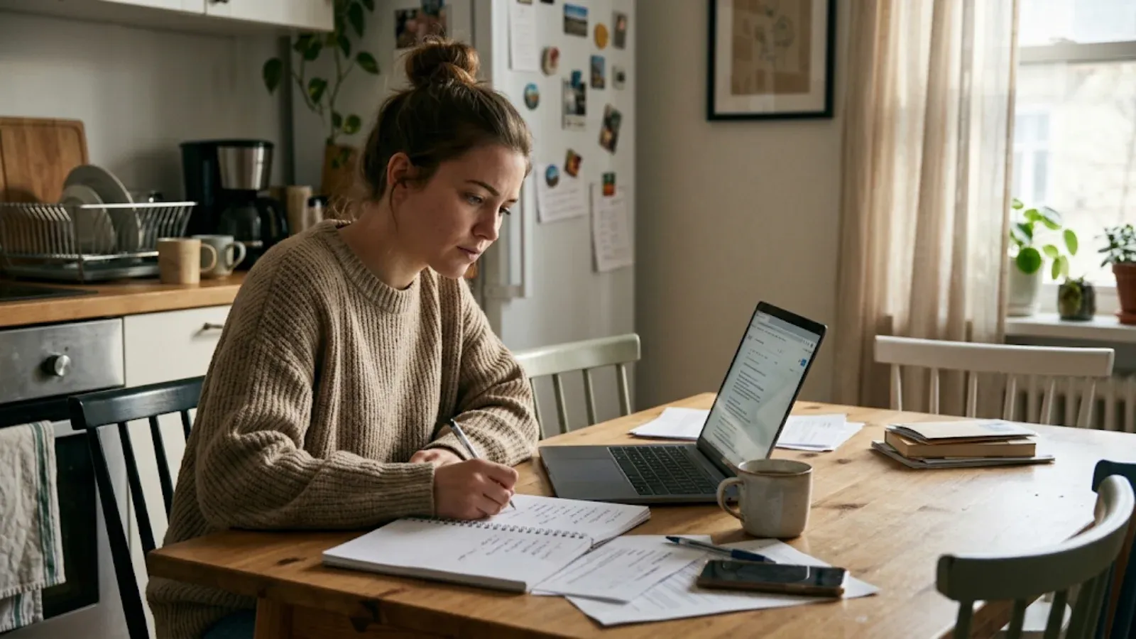 Young woman at a kitchen table researching care options on a laptop and writing a two-column comparison list