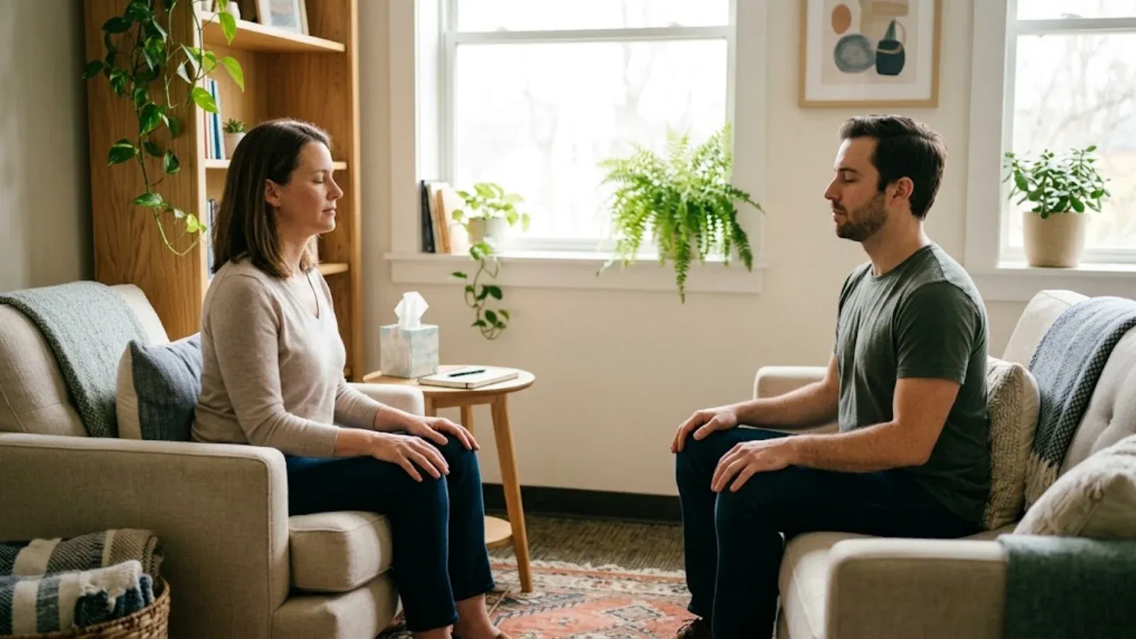 Therapist and client sitting face to face on cushioned chairs in a bright, plant-filled therapy room