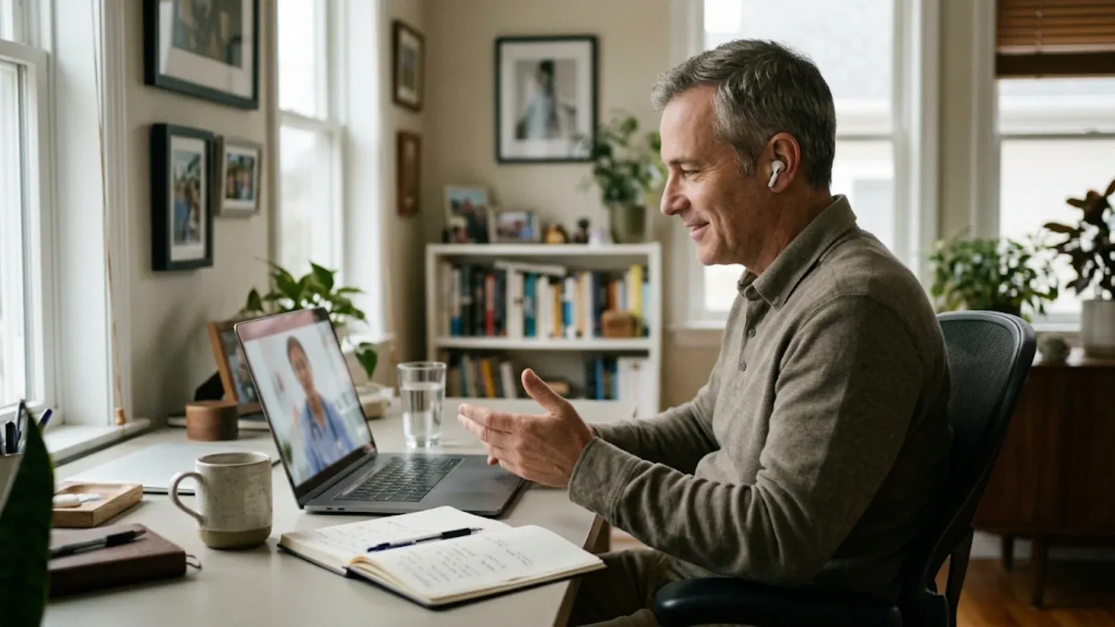 Man at a home office desk smiling during a telehealth video visit with a clinician on his laptop