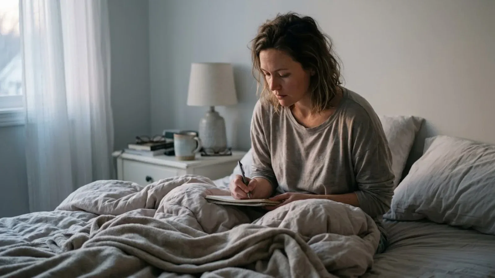Woman sitting up in bed at dawn writing in a journal on her lap, sorting through anxious morning thoughts