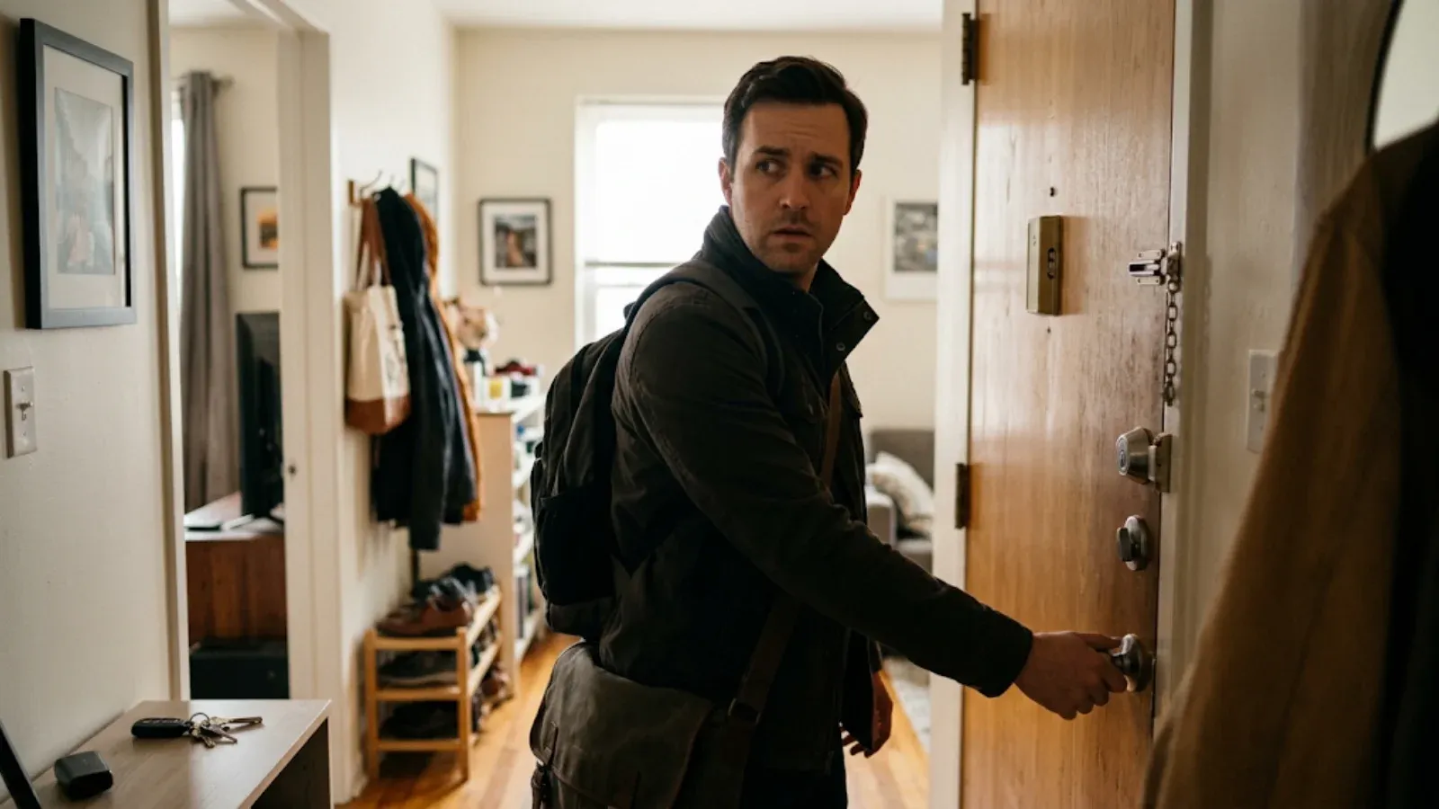 Man in a jacket at his front door with his hand on the knob, turning back tensely to check the lock again
