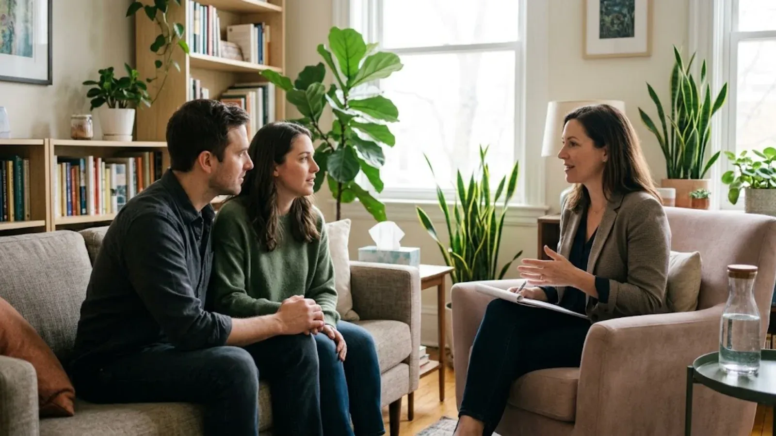 Couple holding hands while talking through a treatment plan with a psychiatrist in a sunlit office