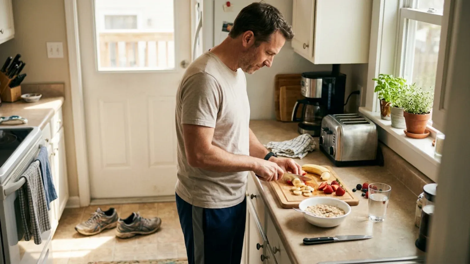 Man slicing fruit for a healthy breakfast in a bright kitchen, oatmeal and water on the counter
