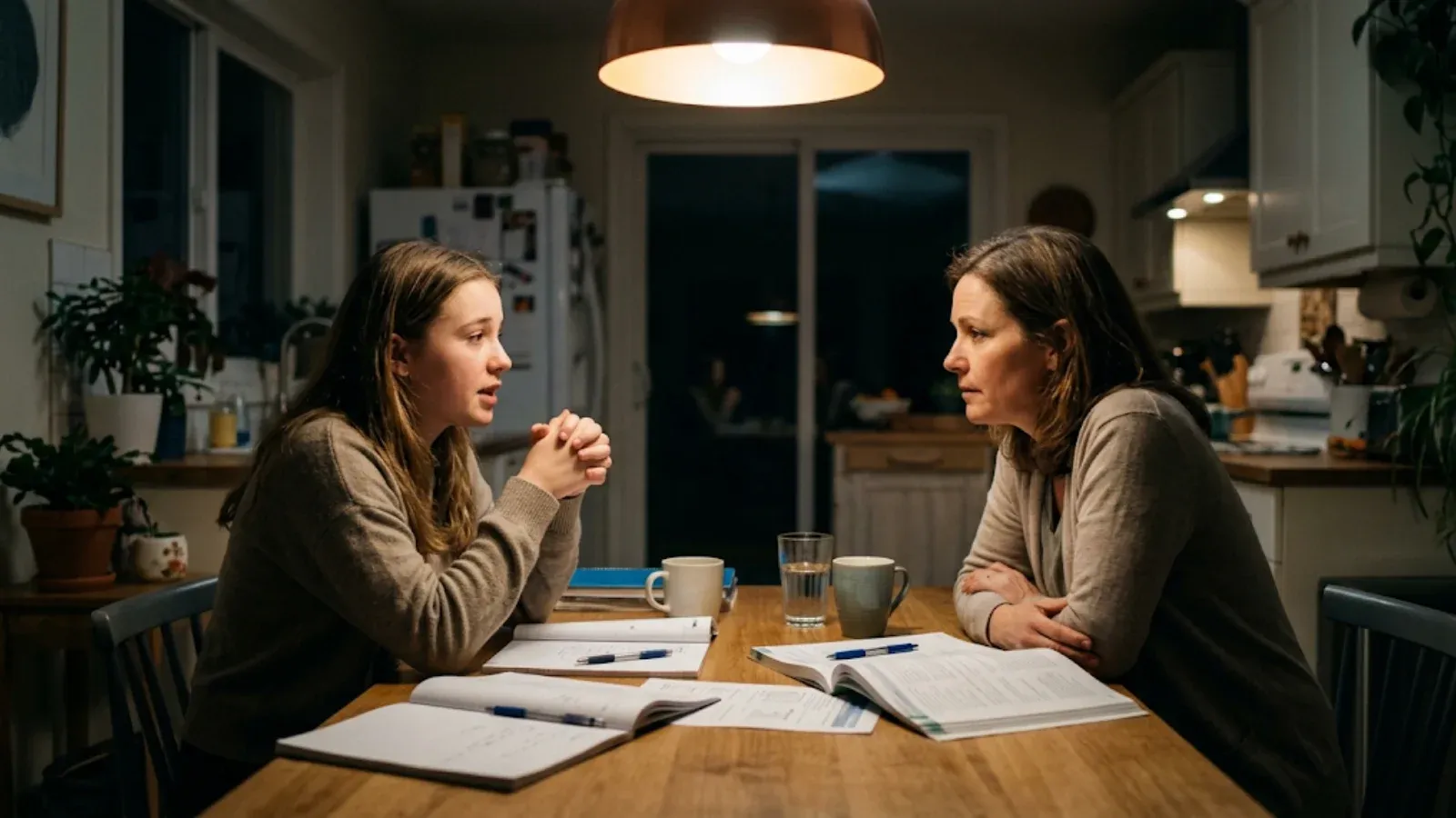 Teenage girl at the kitchen table earnestly asking her mother for help while her mother leans in to listen
