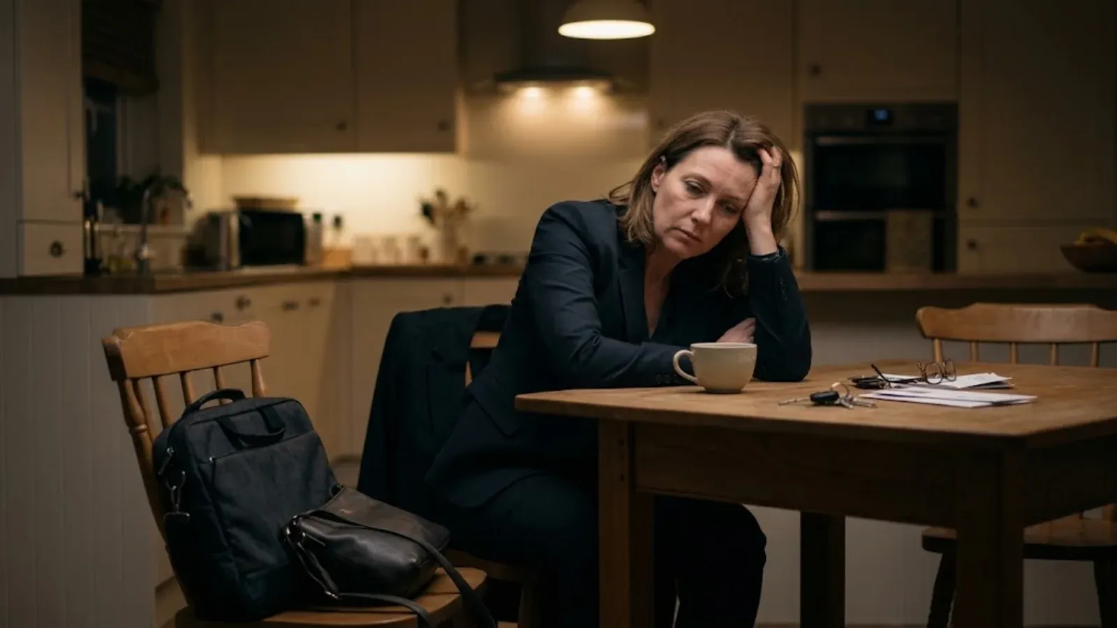Woman in work clothes slumped at a kitchen table in the evening, staring blankly at a cup of tea, mentally drained