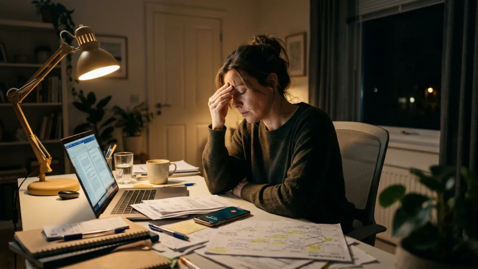 Woman at a home office desk late at night, fingertips on her forehead, overwhelmed by papers, a laptop and a busy calendar