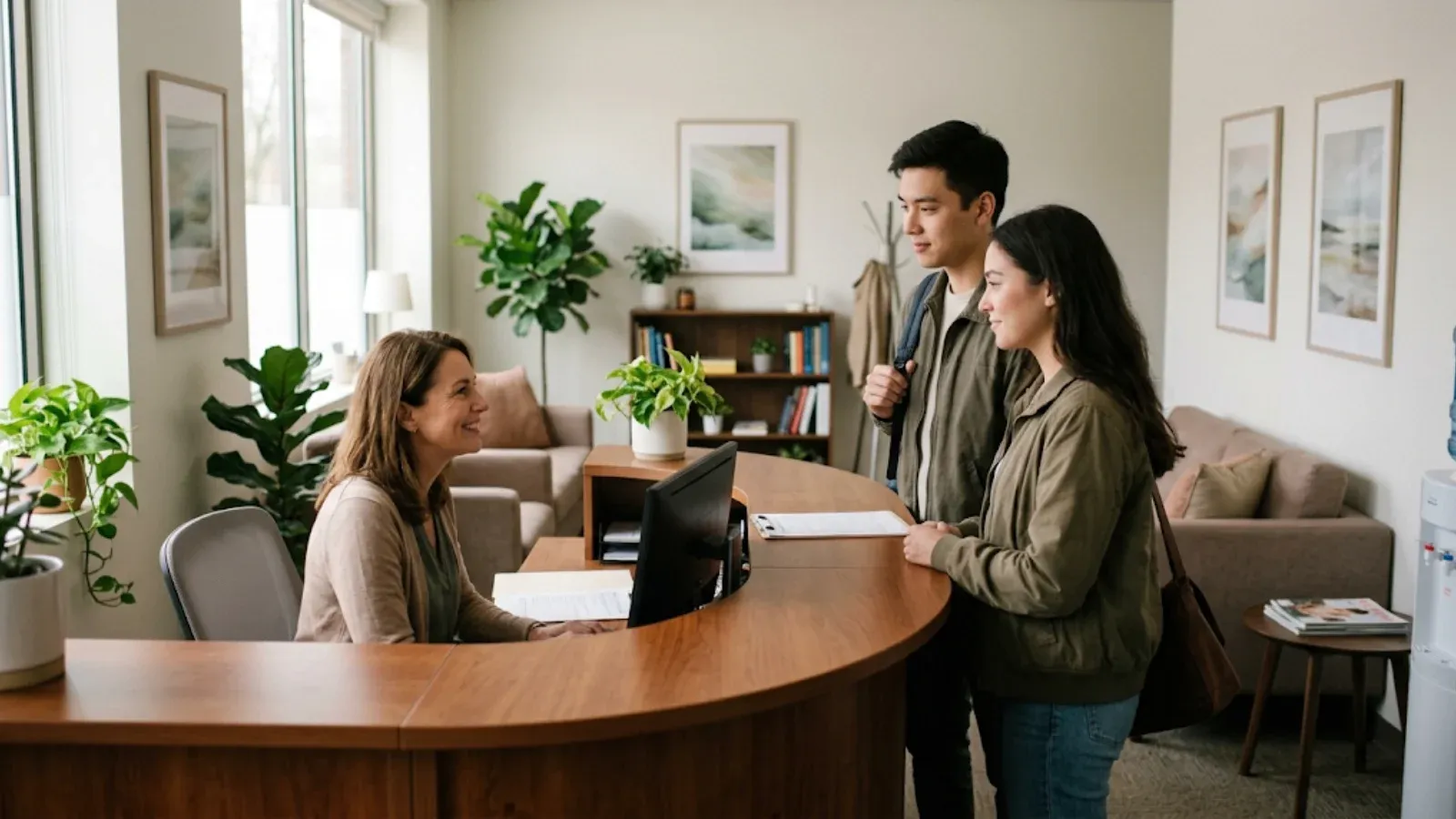 Receptionist greeting a young couple checking in at a bright, welcoming outpatient clinic front desk