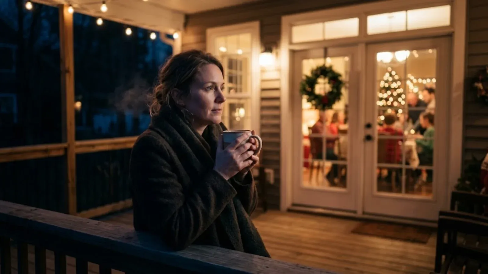 Woman taking a quiet moment alone on a back porch with a mug during a busy holiday evening